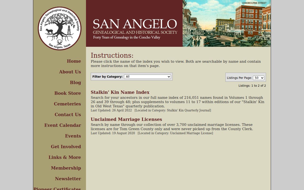 San Angelo previous residents SAGHS name indexes