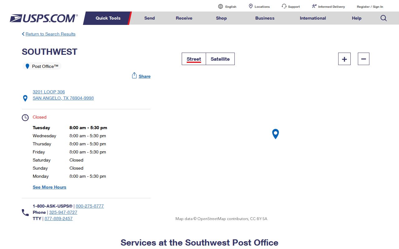 San Angelo ZIP code directory view of the USPS Southwest Post Office location